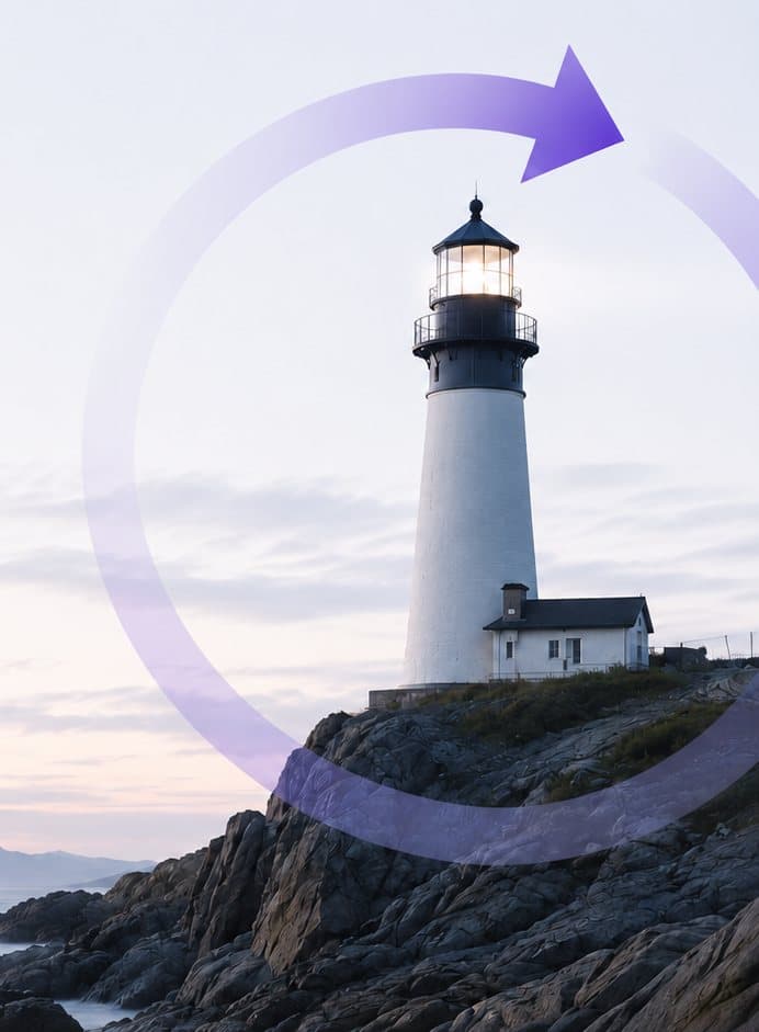 A coastal lighthouse at dusk, circled by the ResiliencePilot continuity arrow.