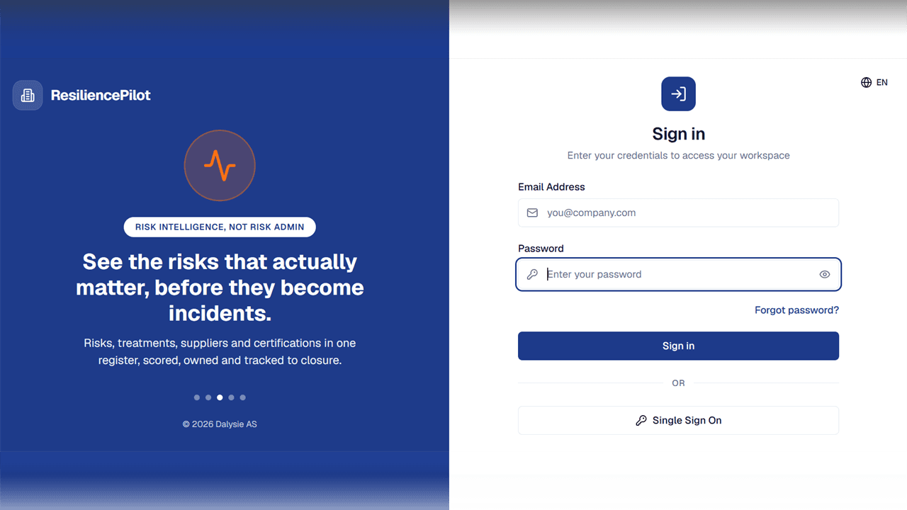 ResiliencePilot sign-in: enterprise Single Sign On alongside email and password.