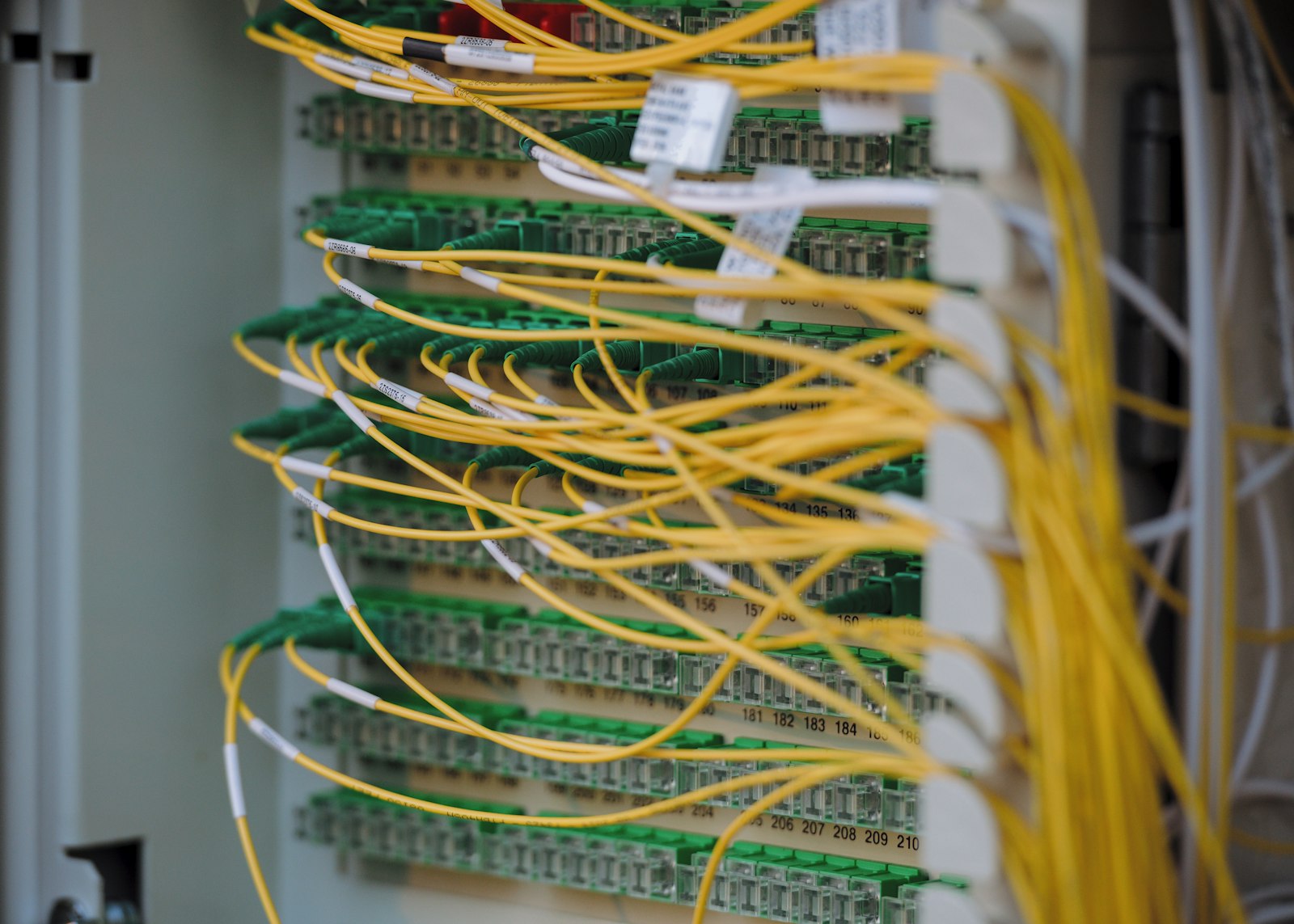 A fibre-optic patch panel with rows of green connectors and looms of yellow cabling