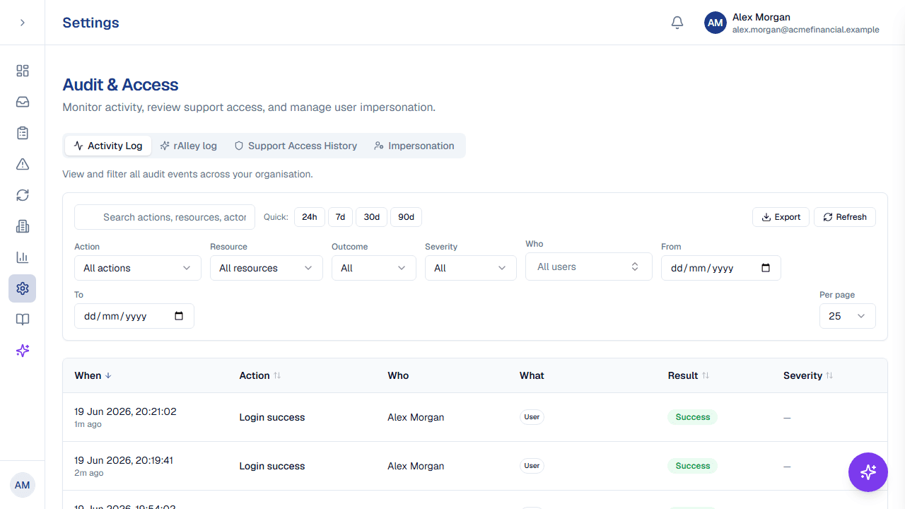 ResiliencePilot audit log: every action recorded with actor, result, severity and timestamp.