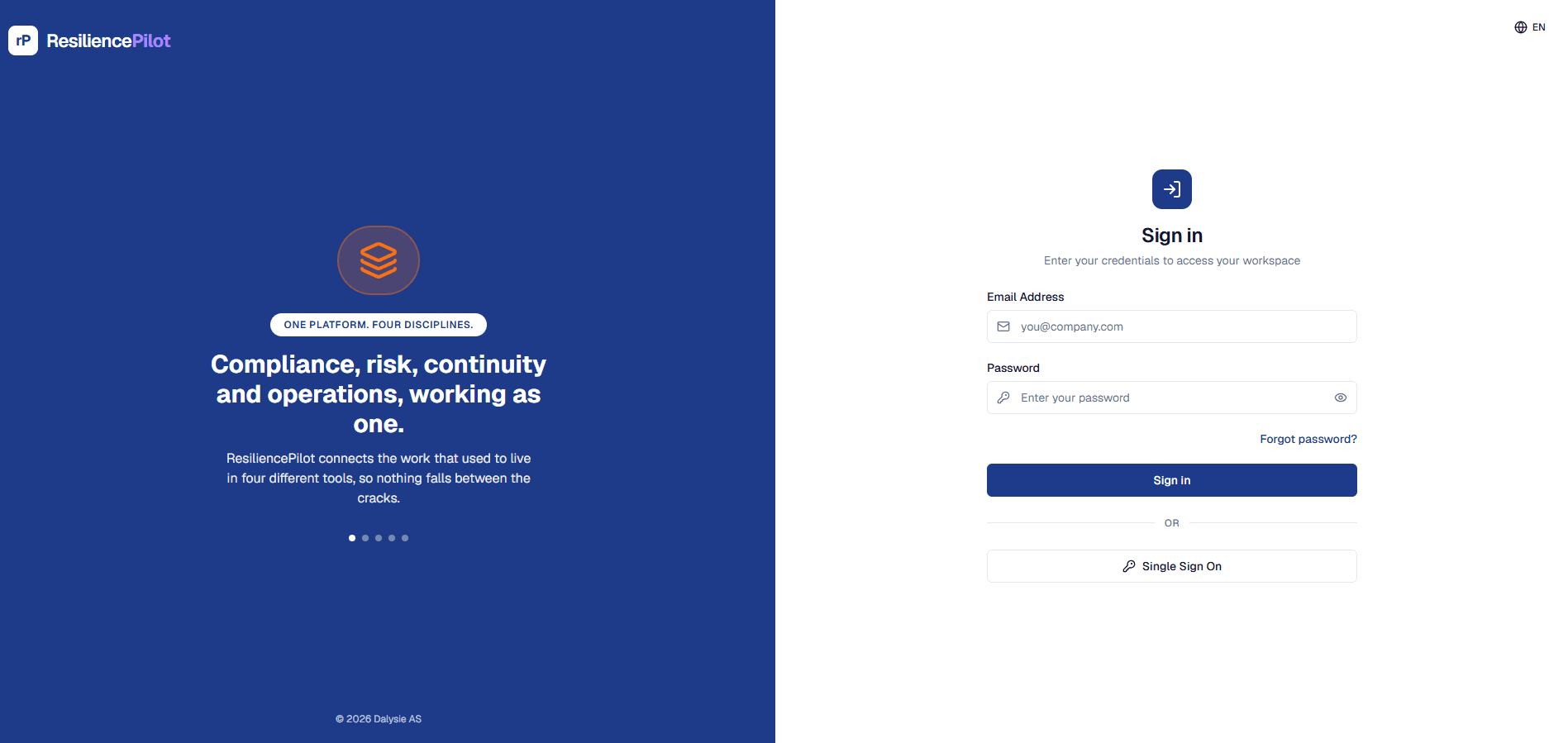 ResiliencePilot sign-in: enterprise Single Sign On alongside email and password.