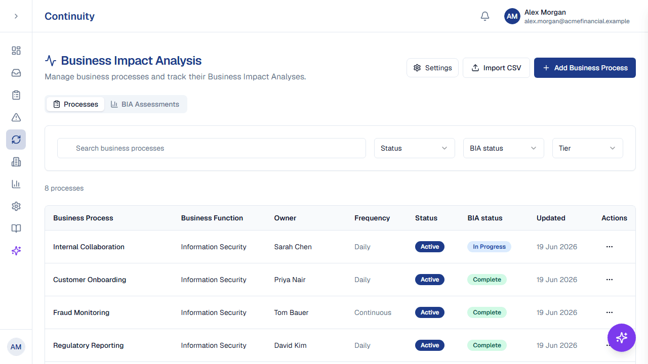 ResiliencePilot business impact analysis: business processes with owner, frequency, RTO/RPO and BIA status.