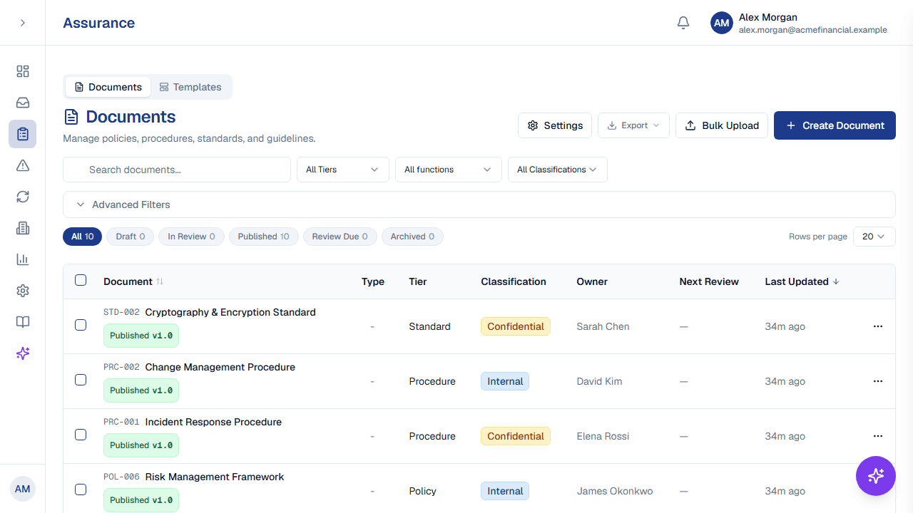 ResiliencePilot audit findings and corrective actions moving through a status workflow.