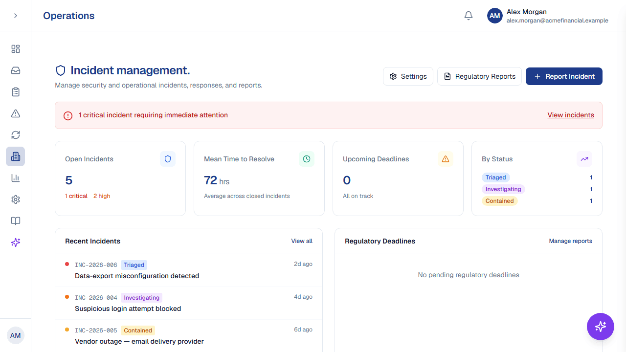 ResiliencePilot incident management: open incidents, mean time to resolve, status breakdown and recent incidents.