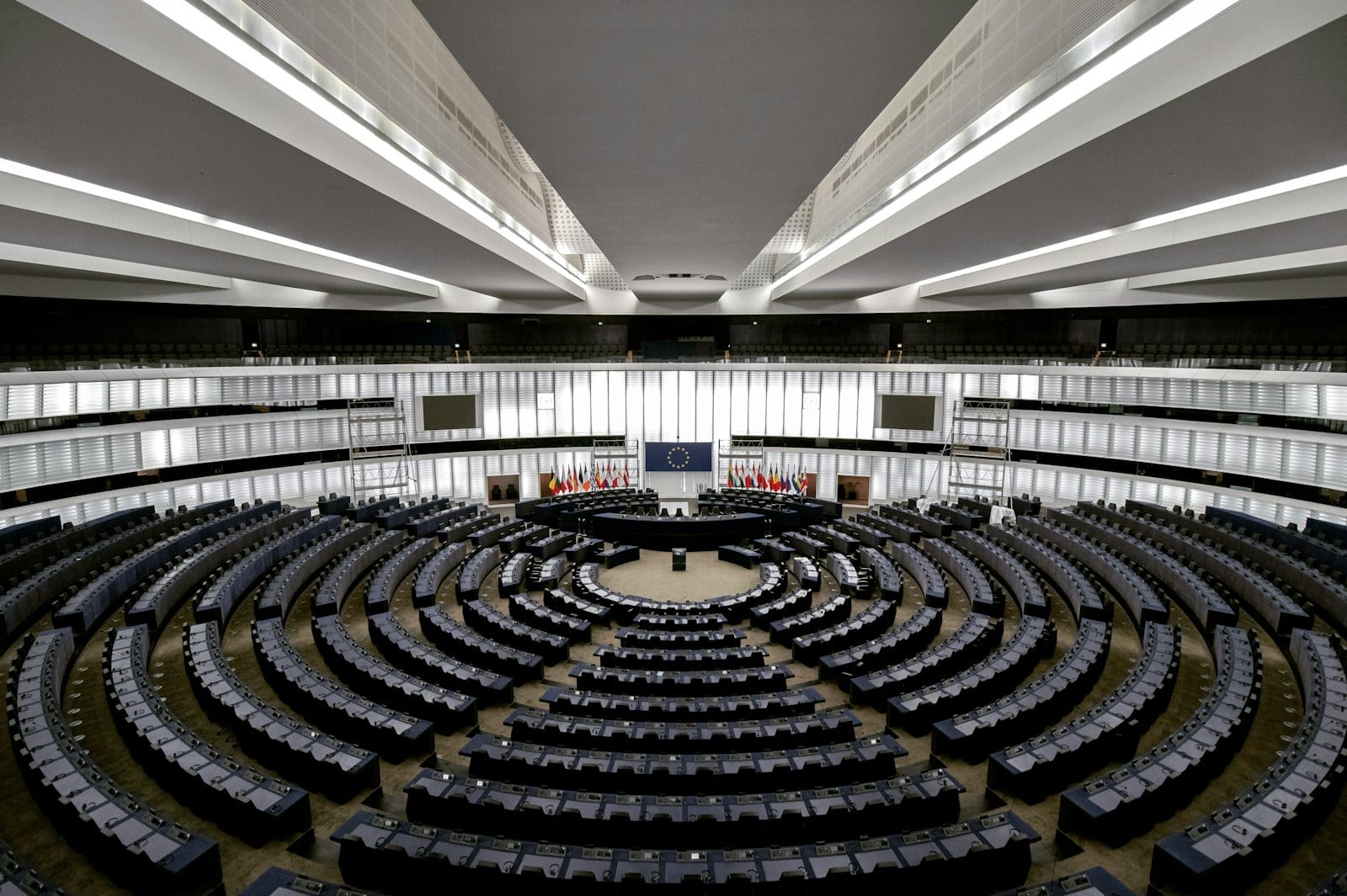 The empty debating chamber of the European Parliament