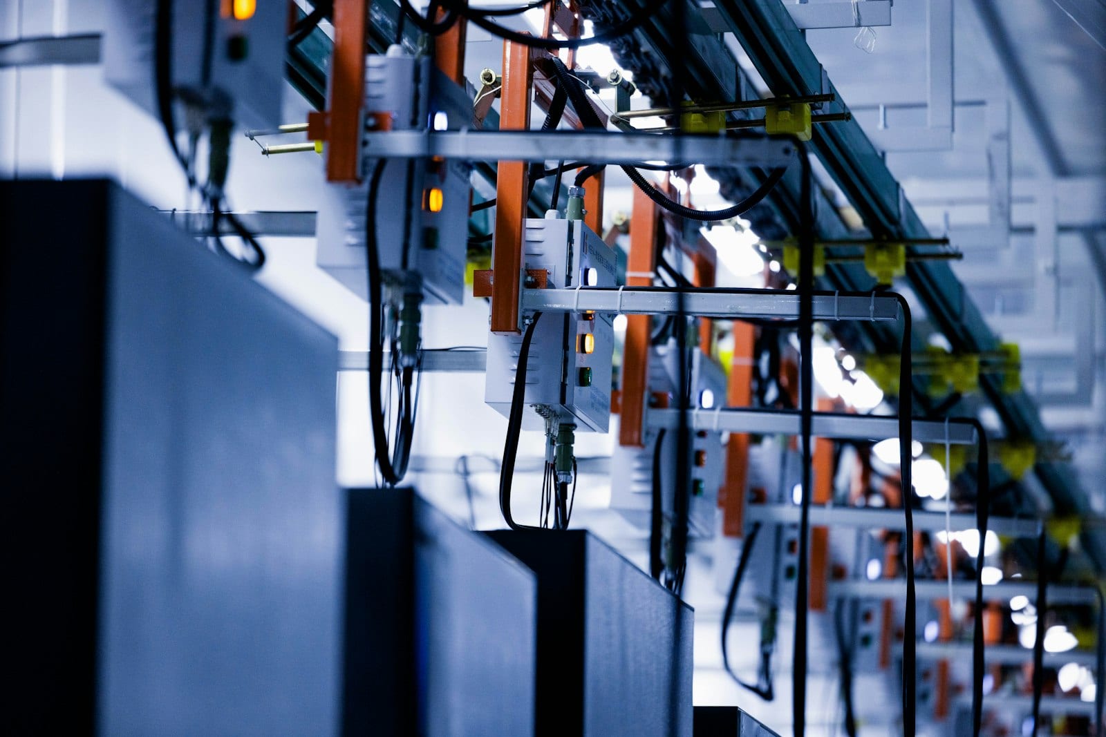 Overhead power and cabling infrastructure inside a modern data centre