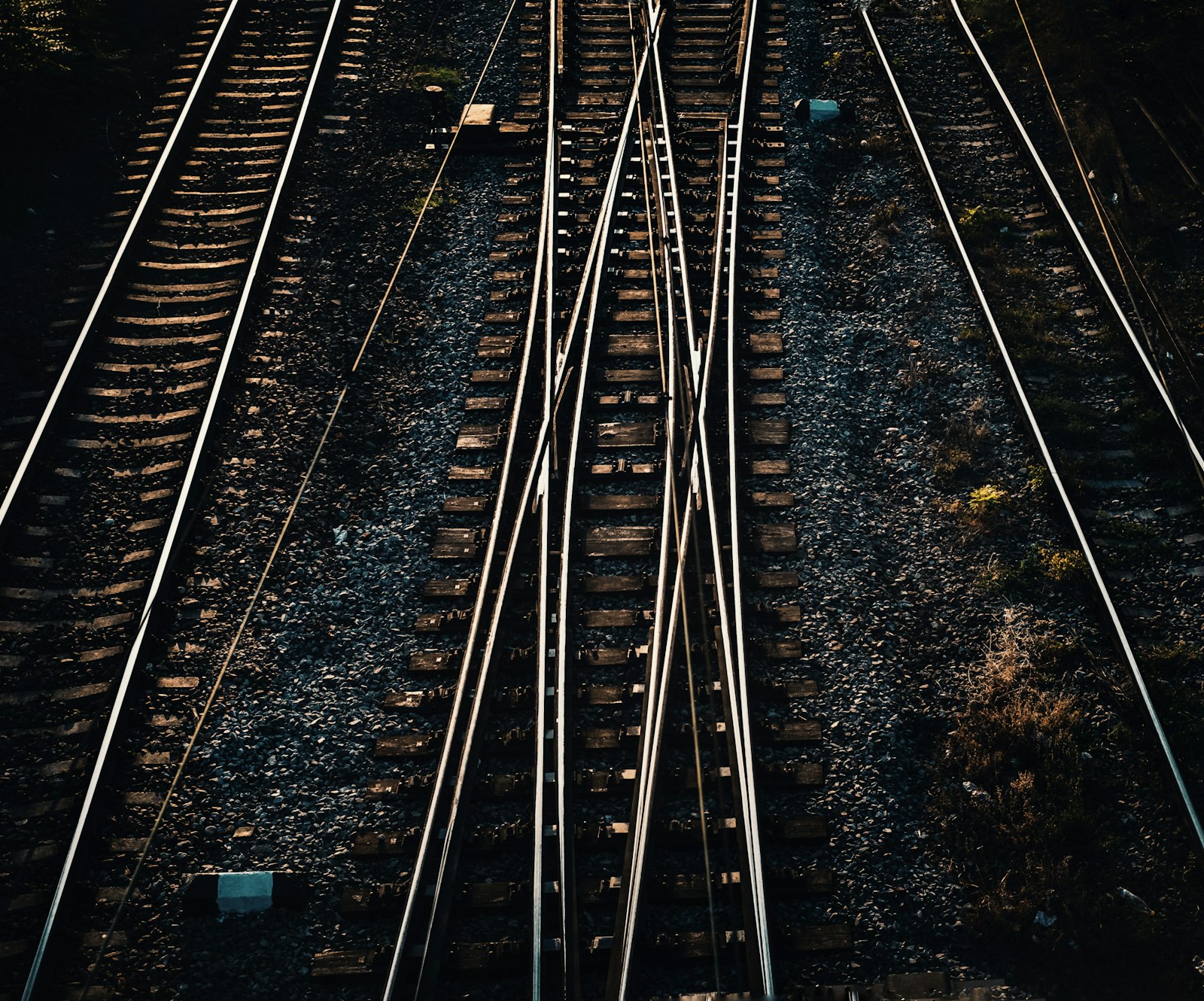 An aerial view of railway tracks converging and diverging through a junction