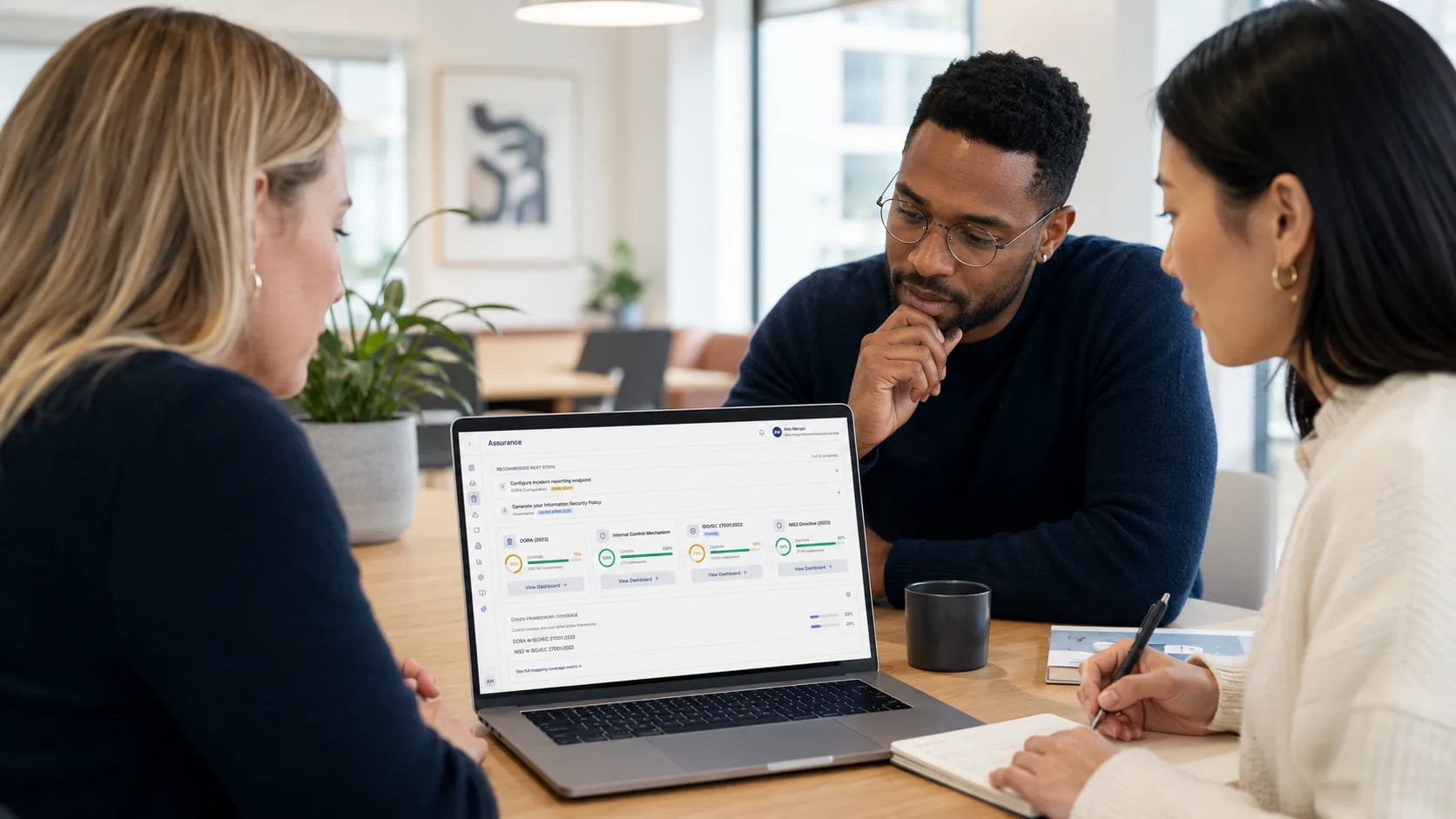 Three colleagues reviewing their multi-framework compliance dashboard in ResiliencePilot